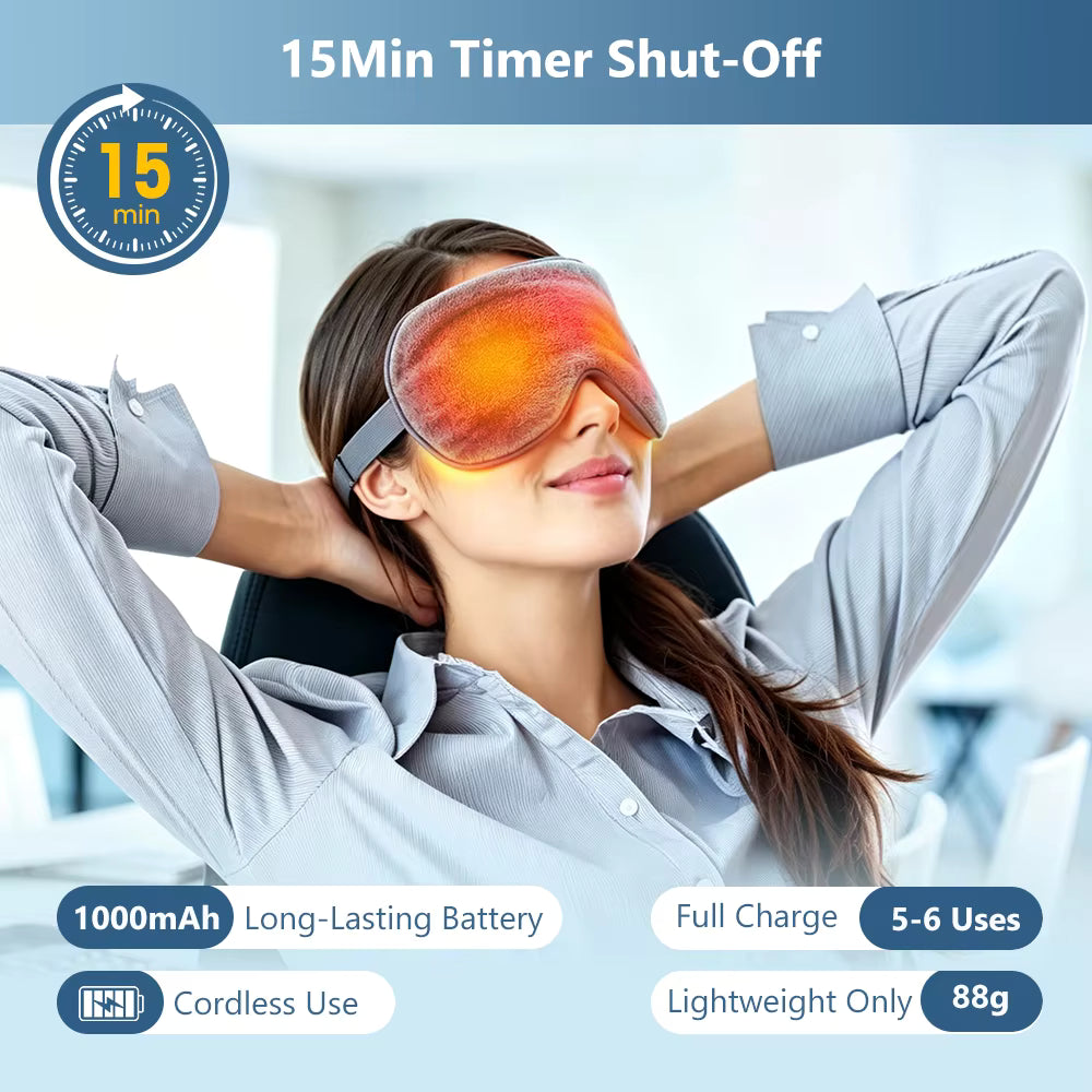 Cordless Heated Eye Mask with 4-Level Temperature Control & 1000mAh Rechargeable Battery – Lightweight Sleep Eyeshade for Eye Fatigue & Dark Circles