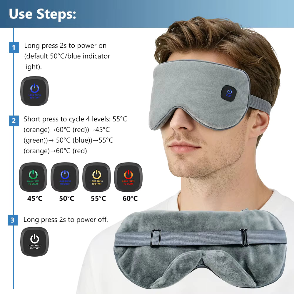 Cordless Heated Eye Mask with 4-Level Temperature Control & 1000mAh Rechargeable Battery – Lightweight Sleep Eyeshade for Eye Fatigue & Dark Circles